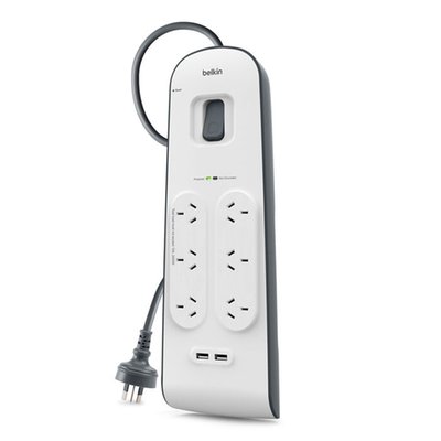 Belkin 6 Outlet 2 USB-A Surge Protection Strip 2M Cord - White Belkin 6 Outlet 2 USB-A Surge Protection Strip 2M Cord - White